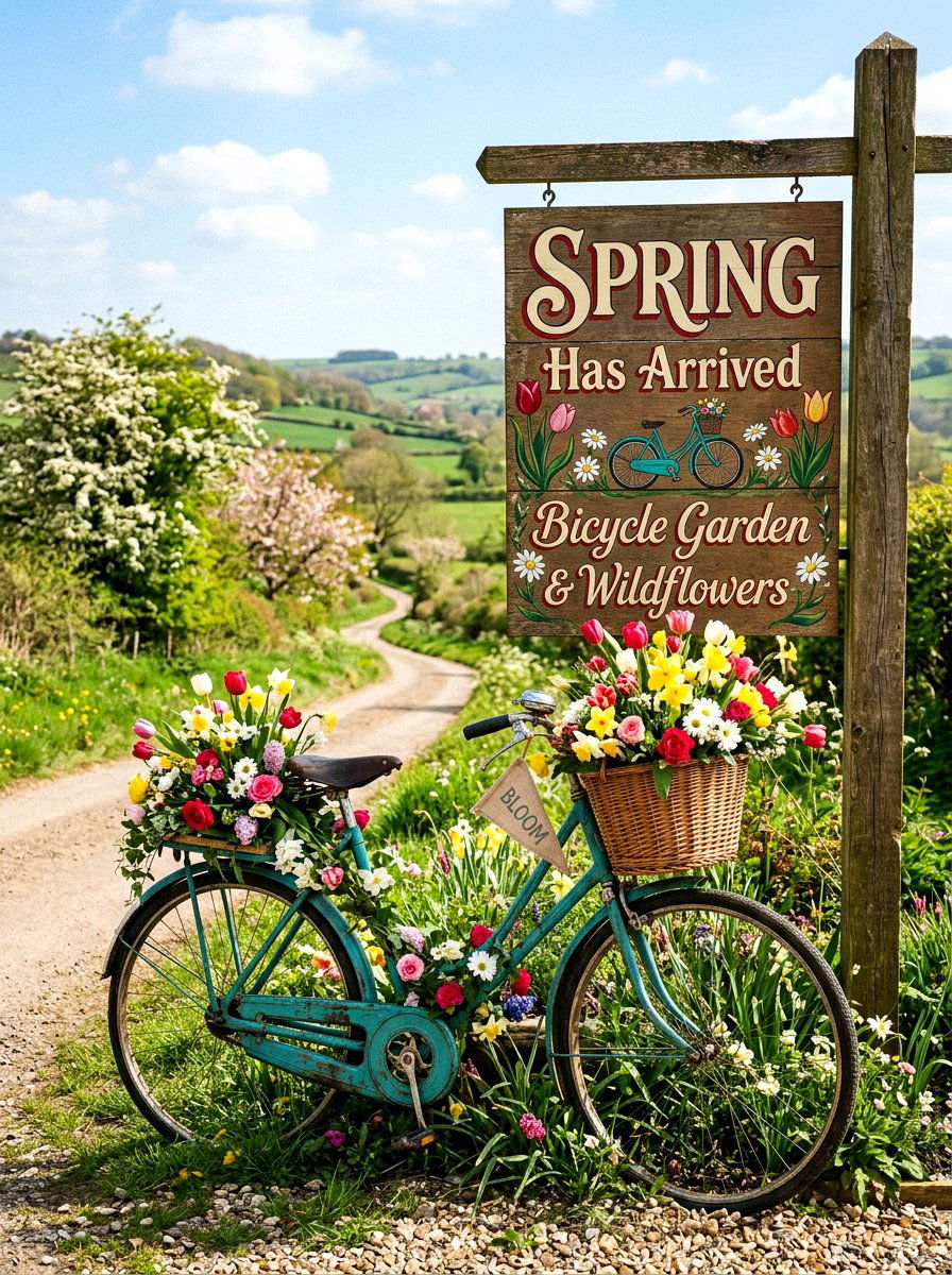 Painted bicycle spring sign - 25 Spring Porch Sign Ideas