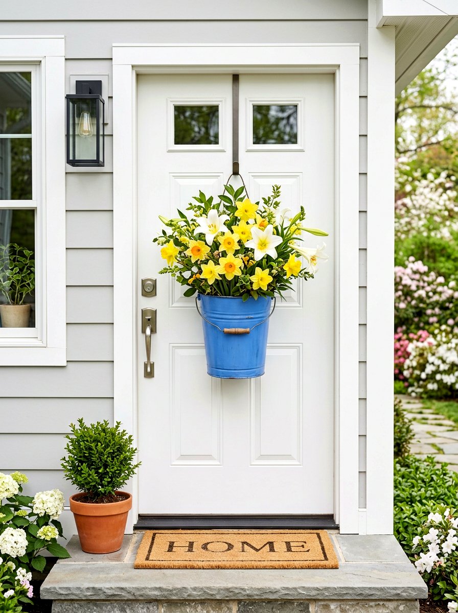 Painted blue bucket for spring - 25 Spring Flower Bucket Door Ideas