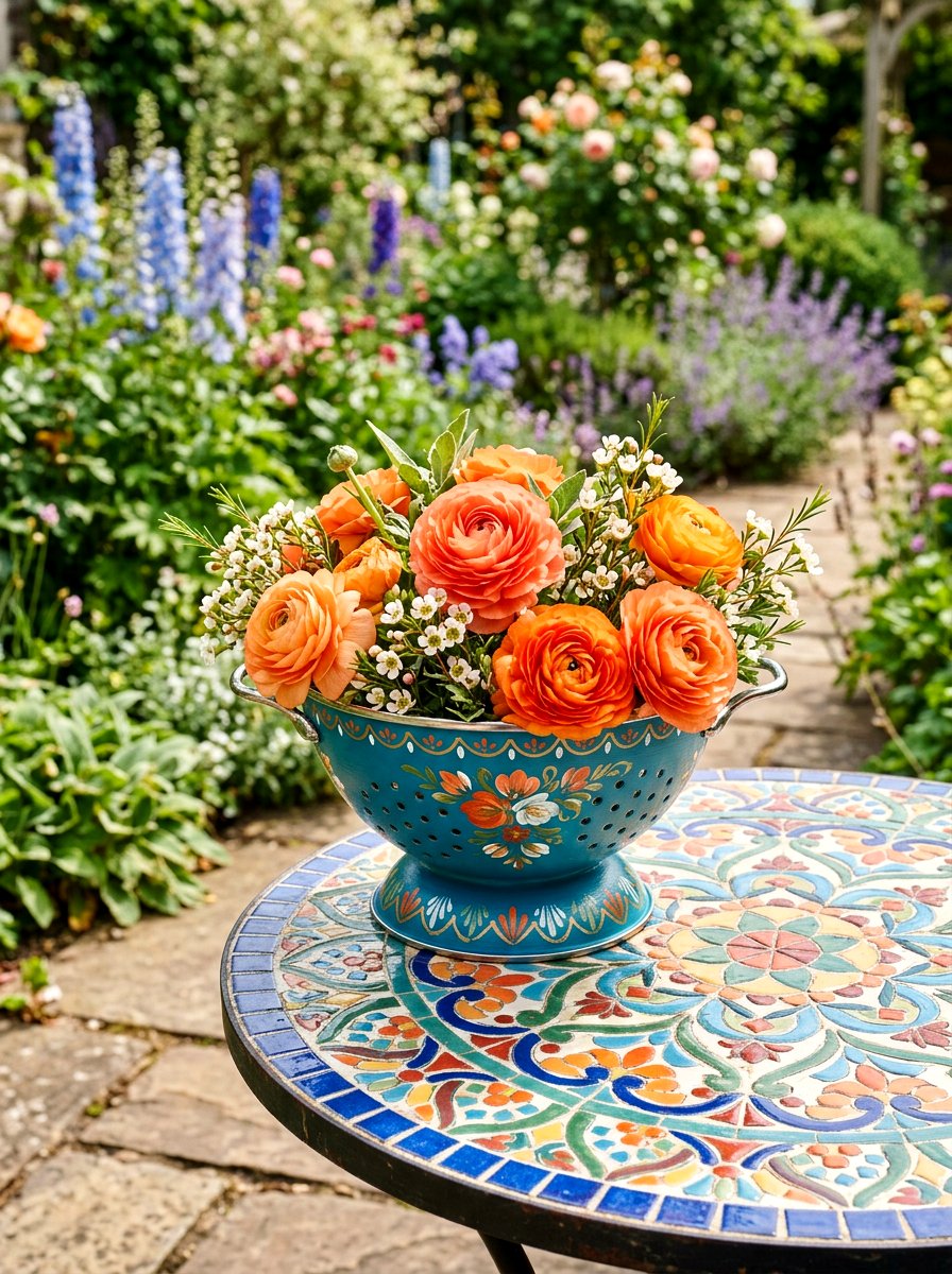 Painted colander flower container - 25 Spring Colander Planter Ideas