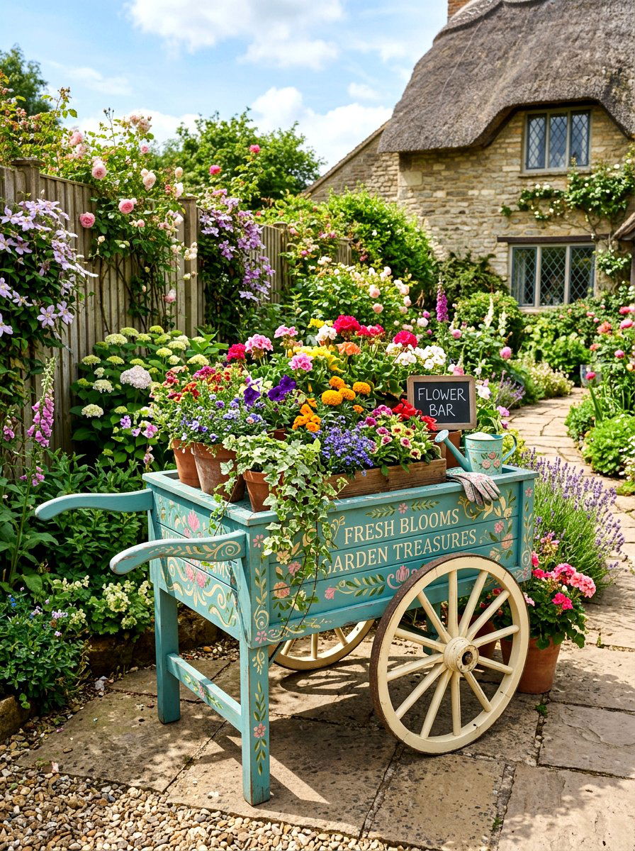 Painted flower cart for yard - 25 Spring Flower Cart Decor Ideas