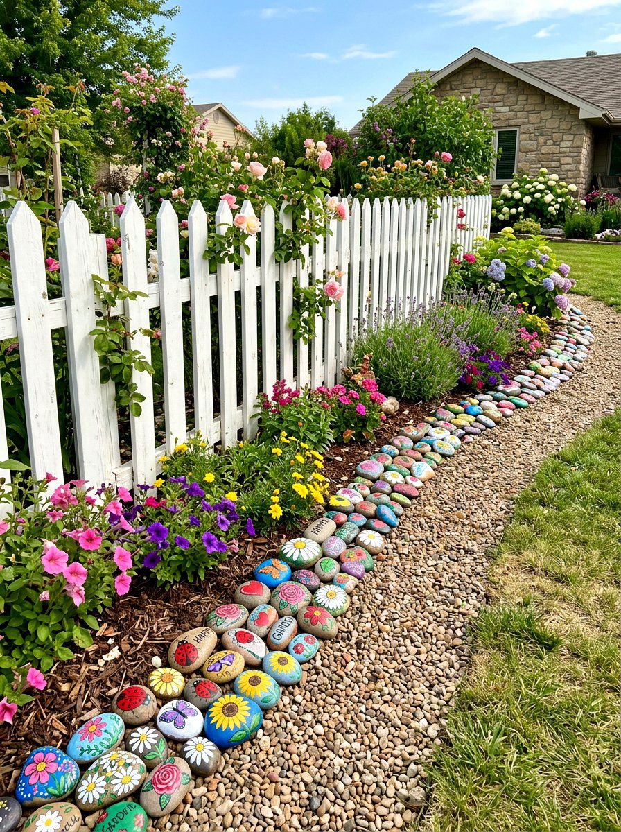 Painted rock garden border - 25 Spring Picket Fence Decor Ideas