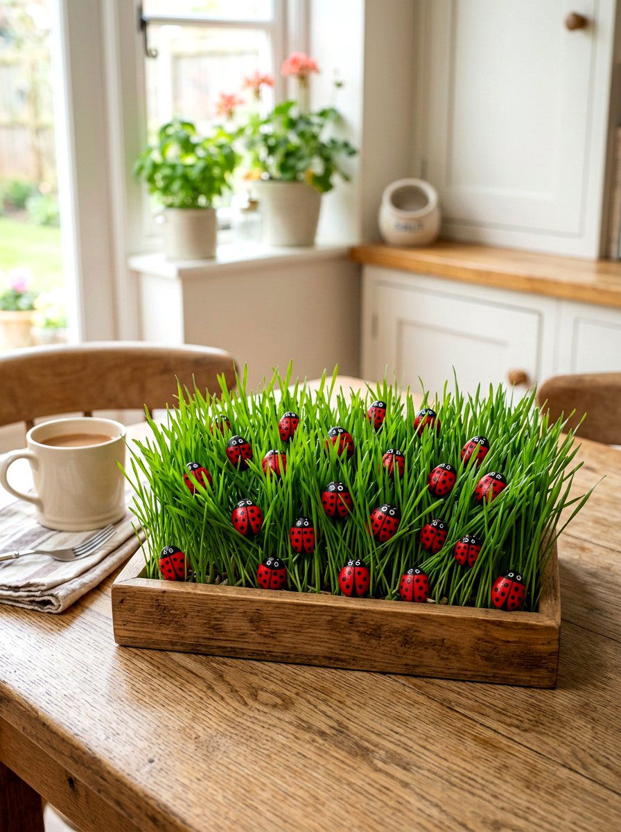 Painted rock wheatgrass tray - 25 Spring Wheatgrass Centerpiece Ideas