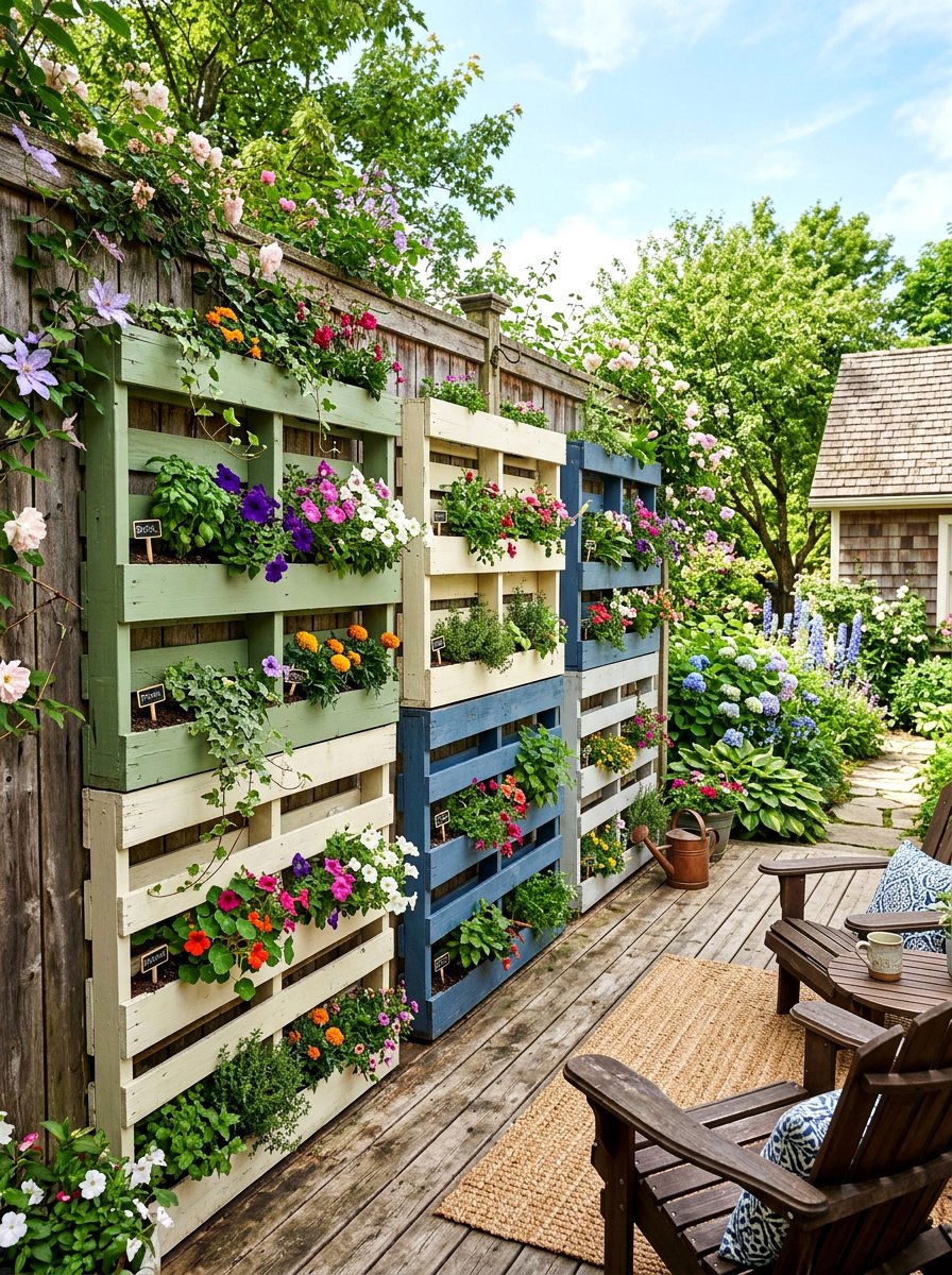 Painted wood pallets - 25 Spring Cottage Fence Decor Ideas