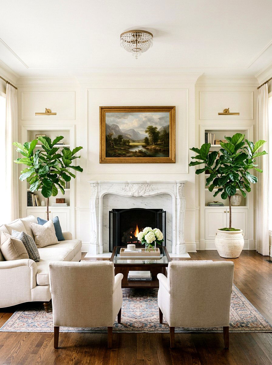 Pair Of Fiddle Leaf Figs Flanking Fireplace - 25 Spring Fiddle Leaf Fig Styling Ideas