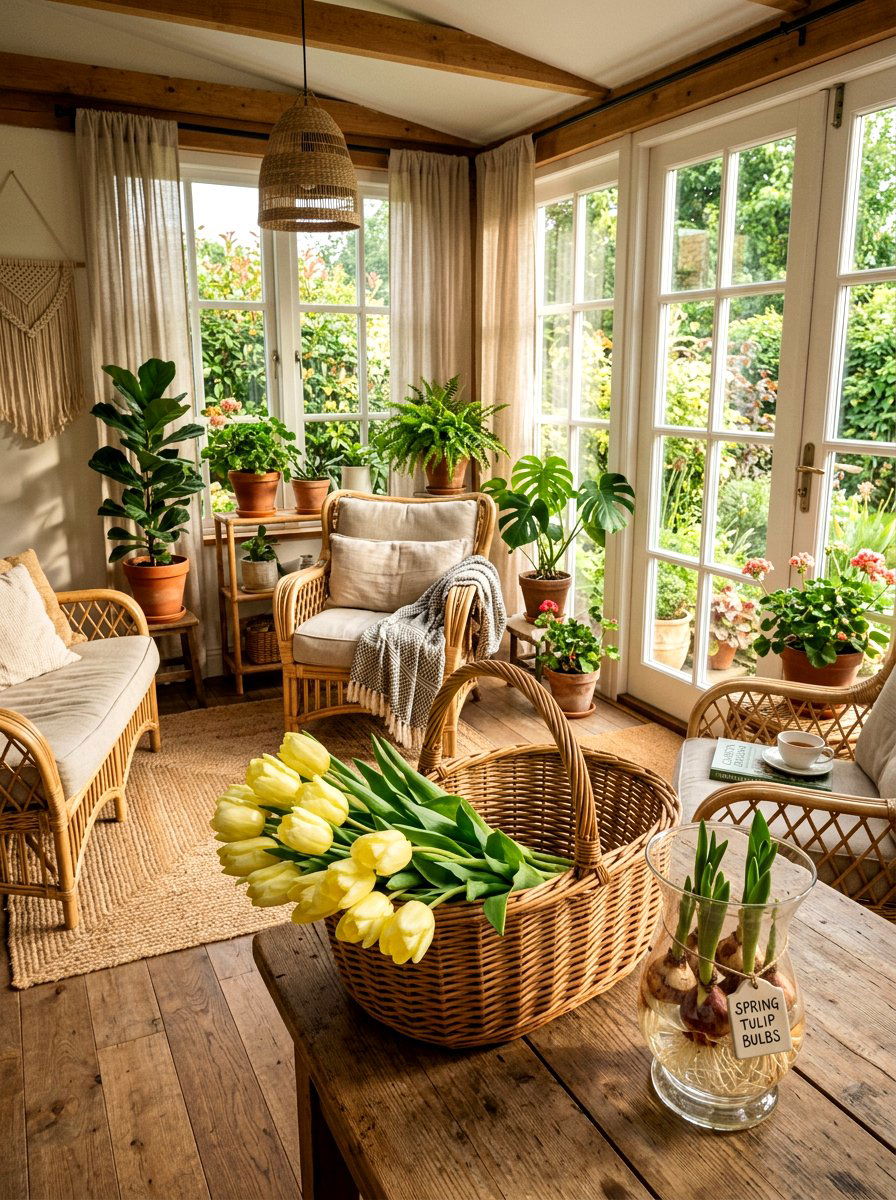 Pale yellow tulips in woven basket - 25 Spring Tulip Bulb Vase Ideas