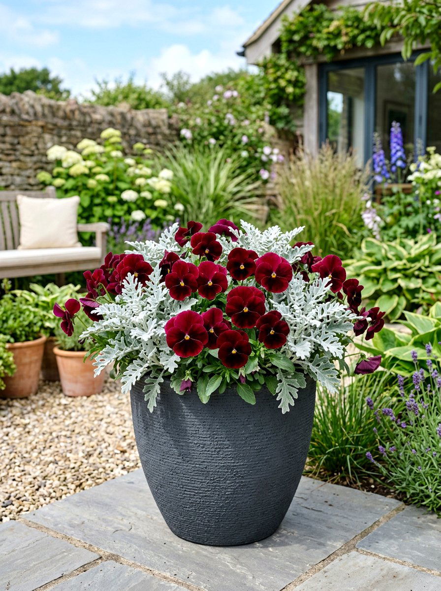 Pansy And Dusty Miller Container - 25 Spring Pansy Planter Ideas