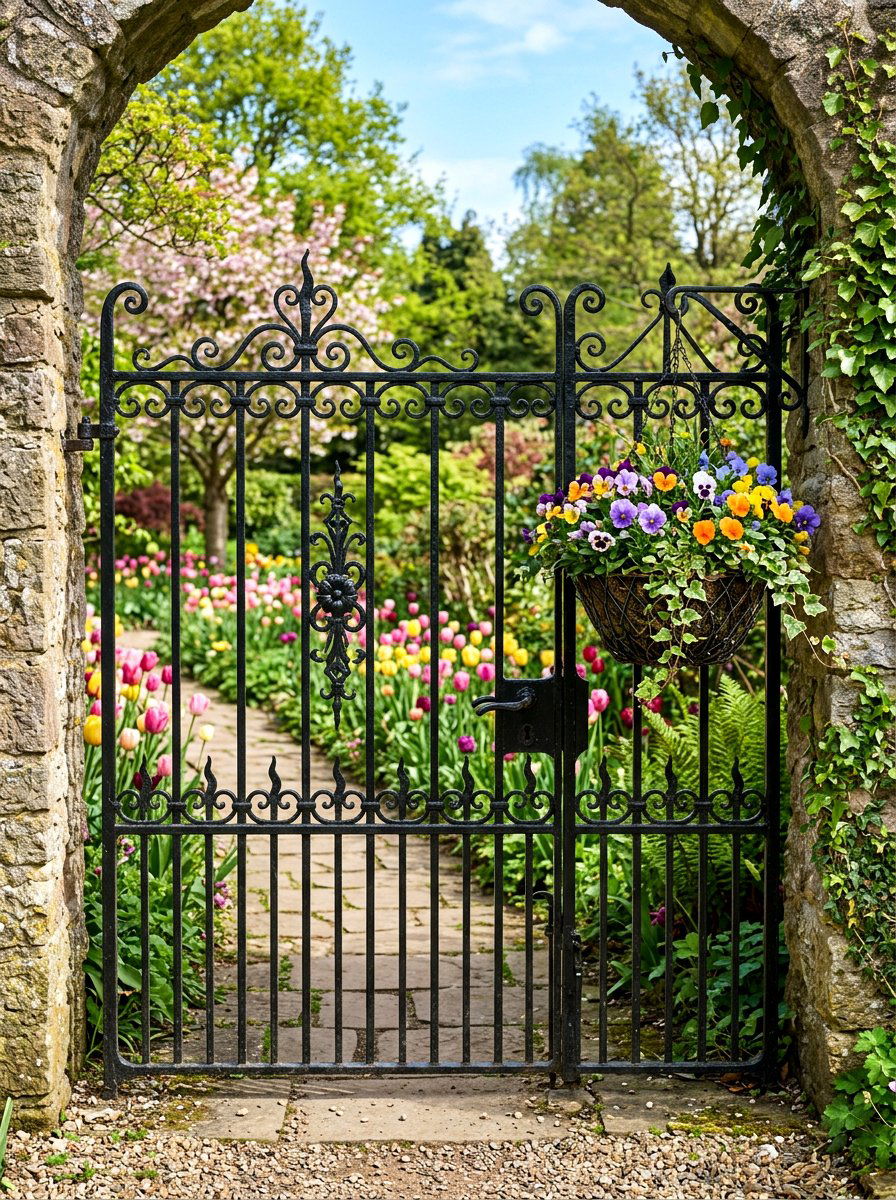 Pansy Basket For Gate - 25 Spring Iron Gate Decor Ideas