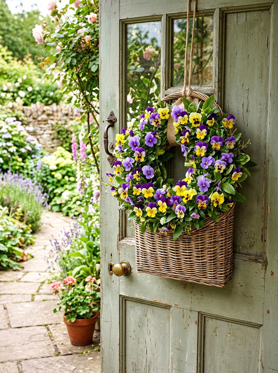Pansy Flower Basket Wreath - 25 Spring Fresh Floral Wreath Ideas