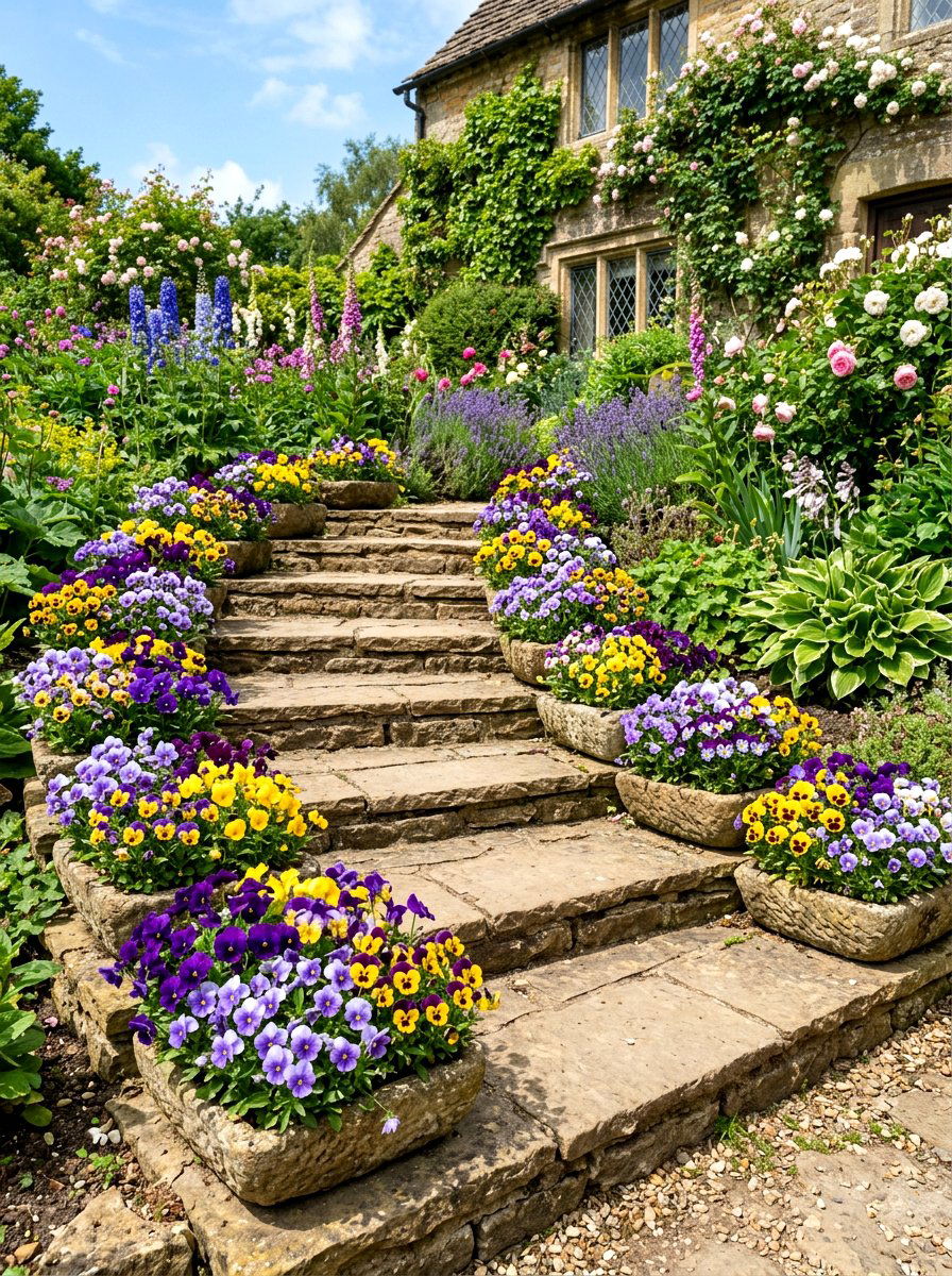 Pansy Flower Stair Arrangement - 25 Spring Porch Step Decor Ideas