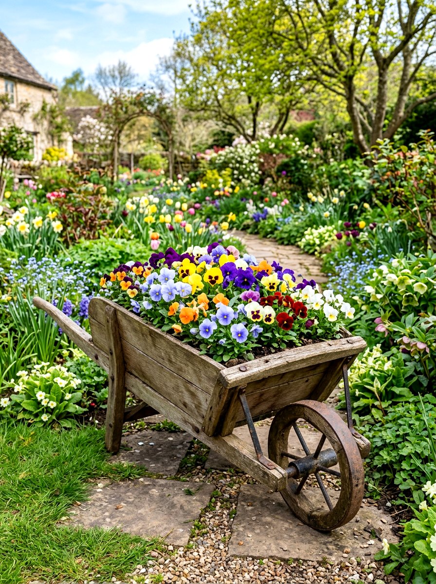 Pansy Viola Wheelbarrow - 25 Spring Wheelbarrow Planter Ideas