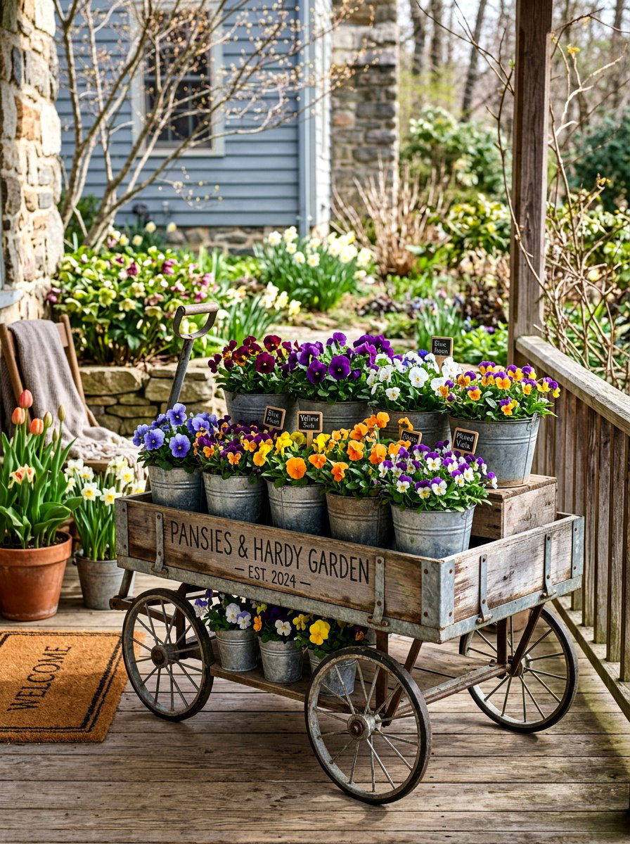 Pansy Wagon Bucket - 25 Spring Porch Wagon Decor Ideas