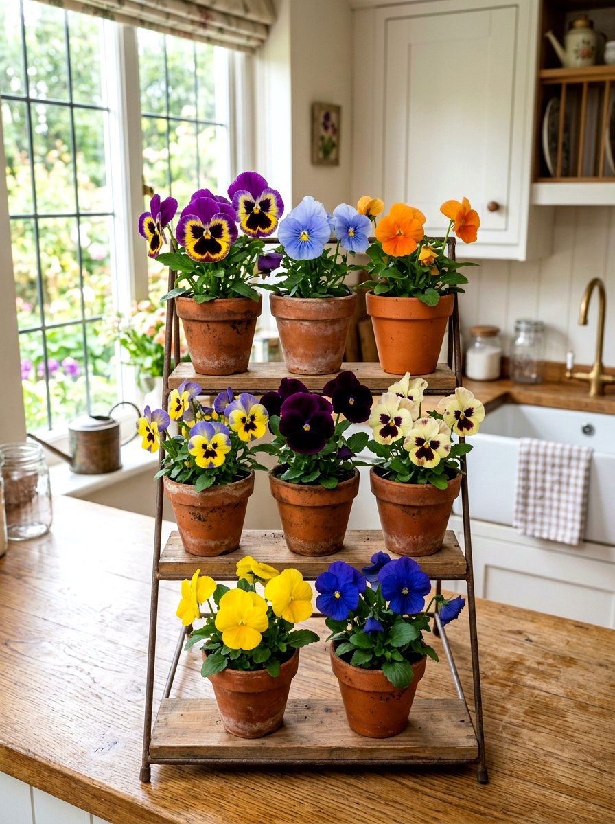 Pansy small pot display - 25 Spring Faux Flower Arrangement Ideas