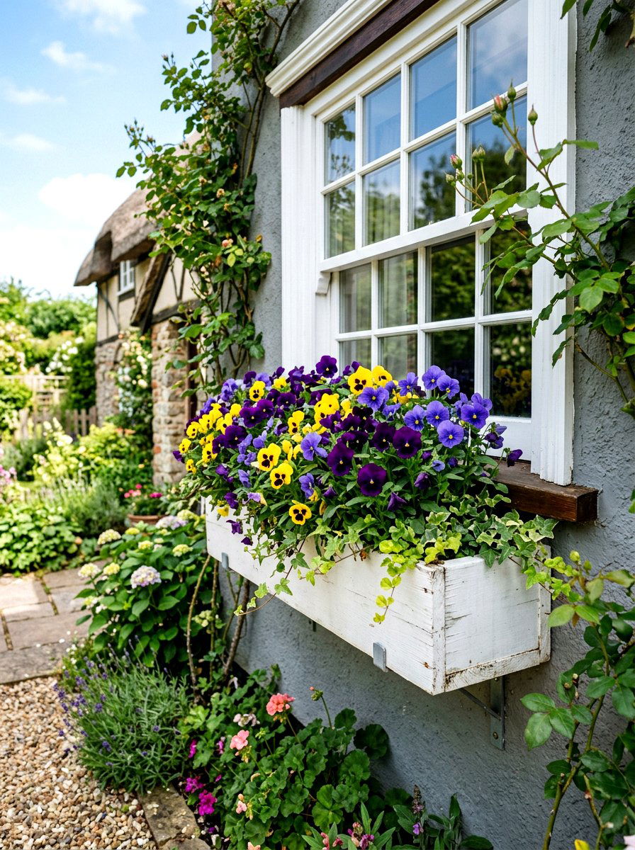 Pansy window box - 25 Spring Planter Ideas for Front Porch