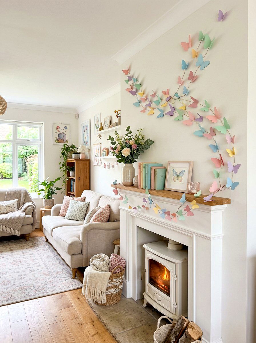 Paper Butterfly Mantel - 25 Spring Garland Ideas for Mantel