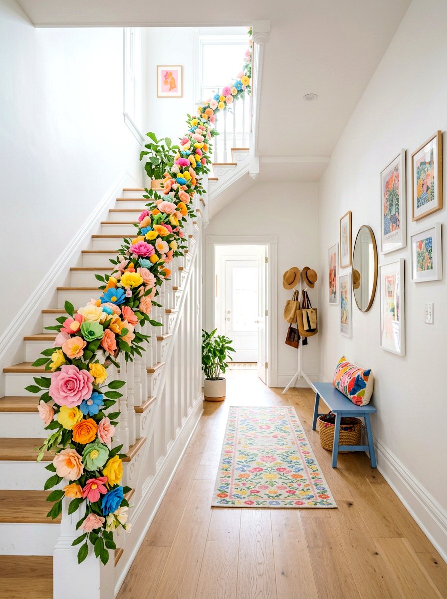 Paper Flower Garland - 25 Spring Stair Railing Decor Ideas