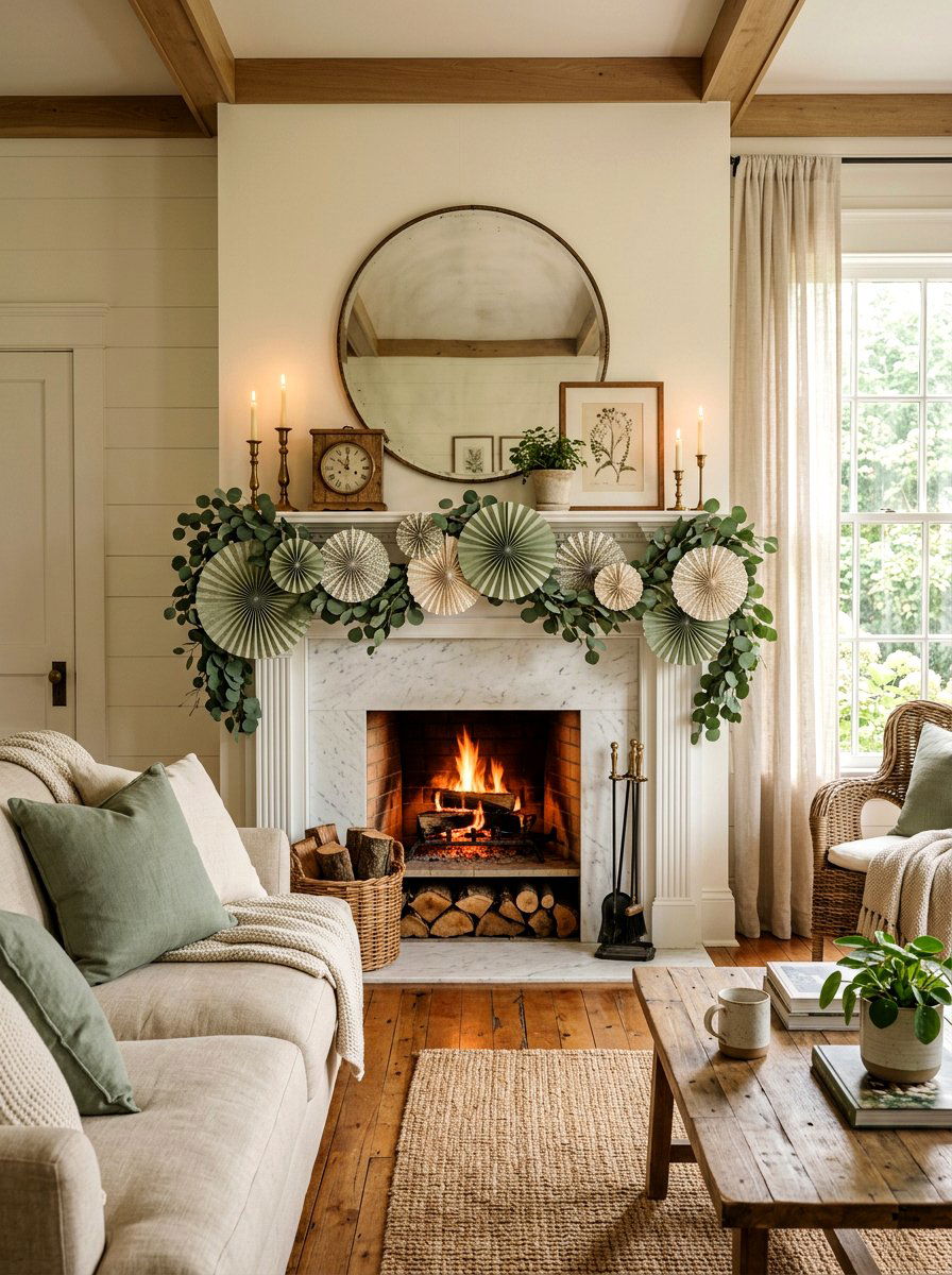 Paper fan fireplace mantel - 25 Spring Paper Fan Decor Ideas