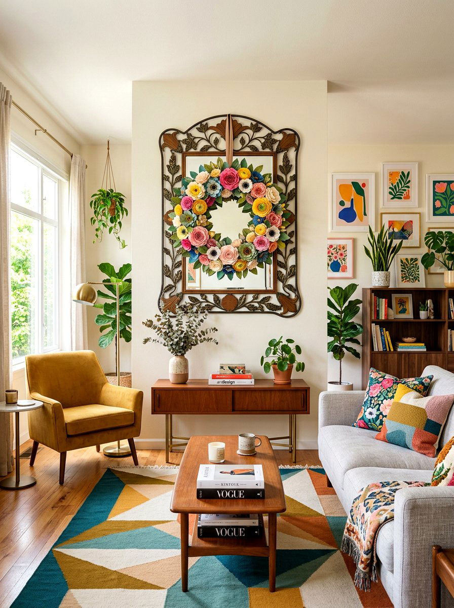 Paper flower wreath on decorative mirror - 25 Spring Wreath on Mirror Ideas