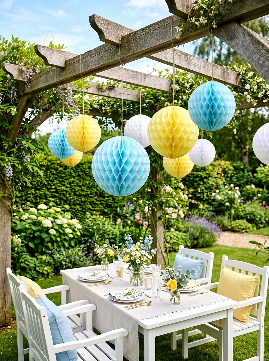 Paper honeycomb balls - 25 Spring Pergola Hanging Decor Ideas