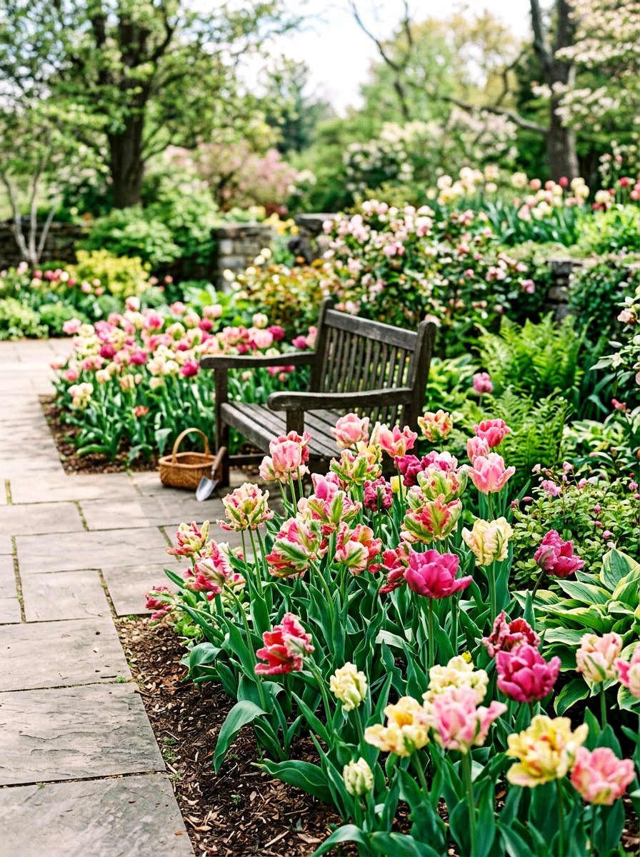 Parrot tulip display - 25 Spring Tulip Garden Ideas