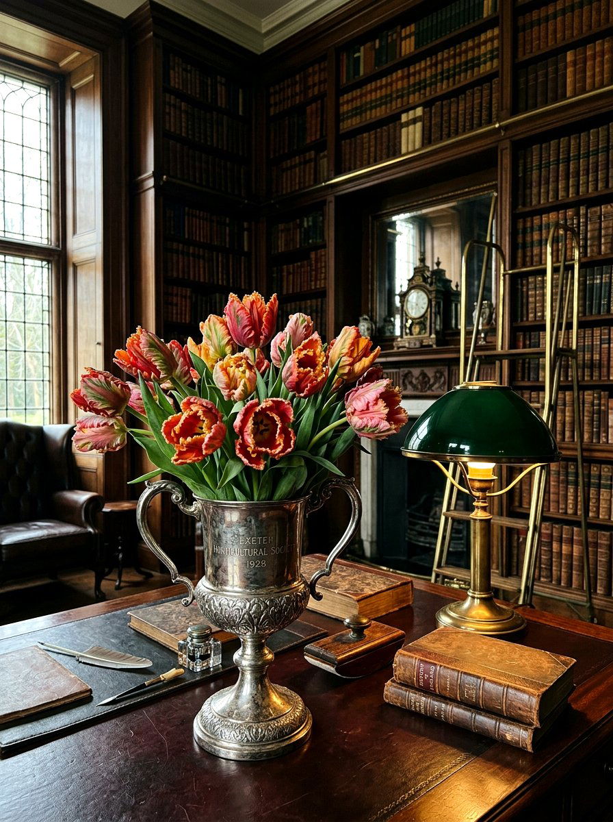 Parrot tulips in antique silver trophy - 25 Spring Tulip Bulb Vase Ideas