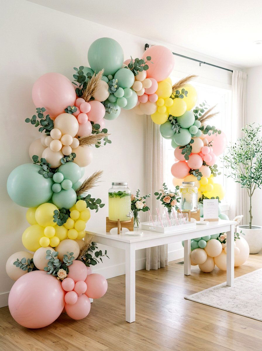 Pastel Balloon Arch - 25 Spring Mimosa Bar Decor Ideas
