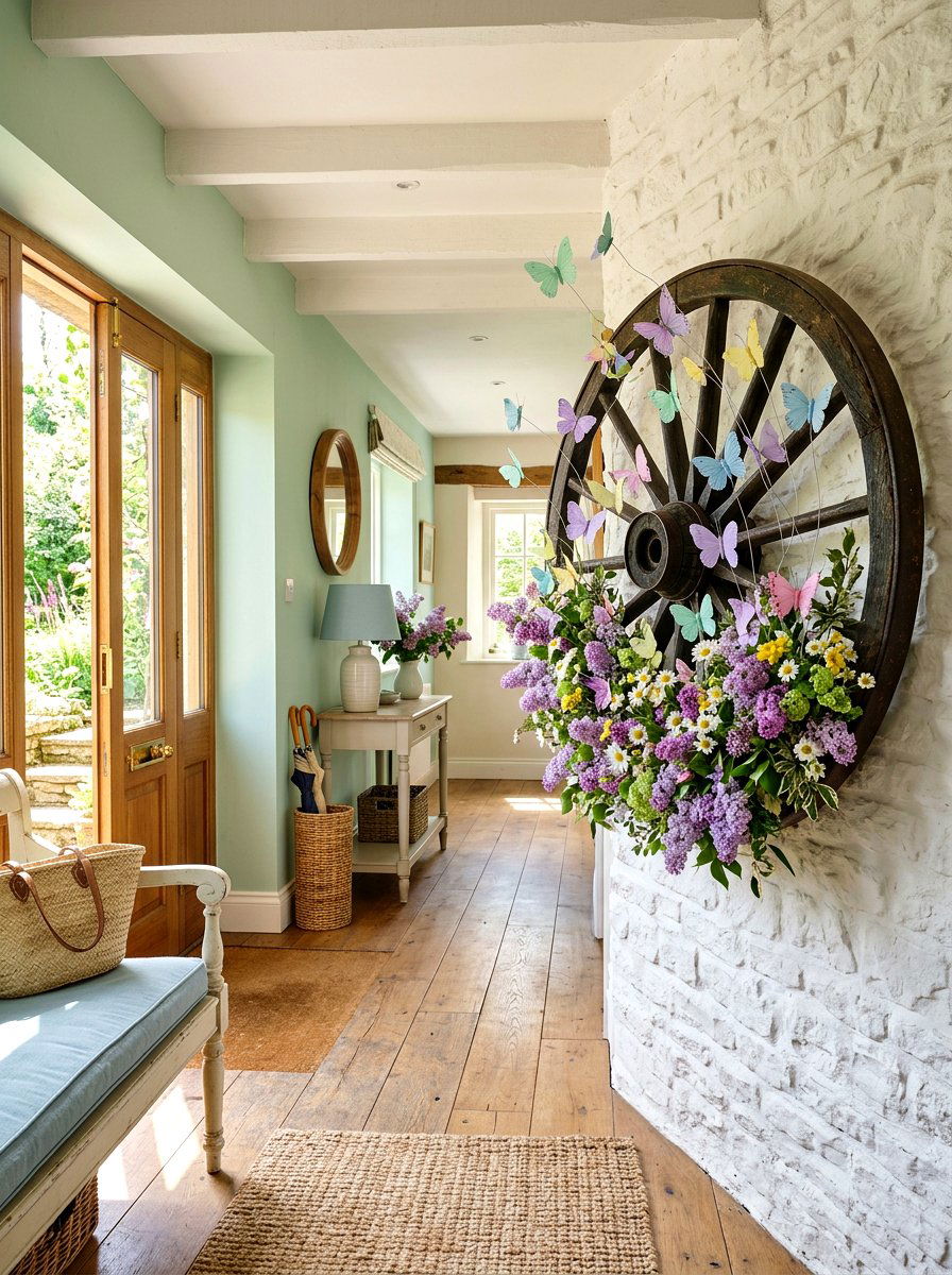 Pastel Butterfly Wagon Wheel - 25 Spring Wagon Wheel Wreath Ideas