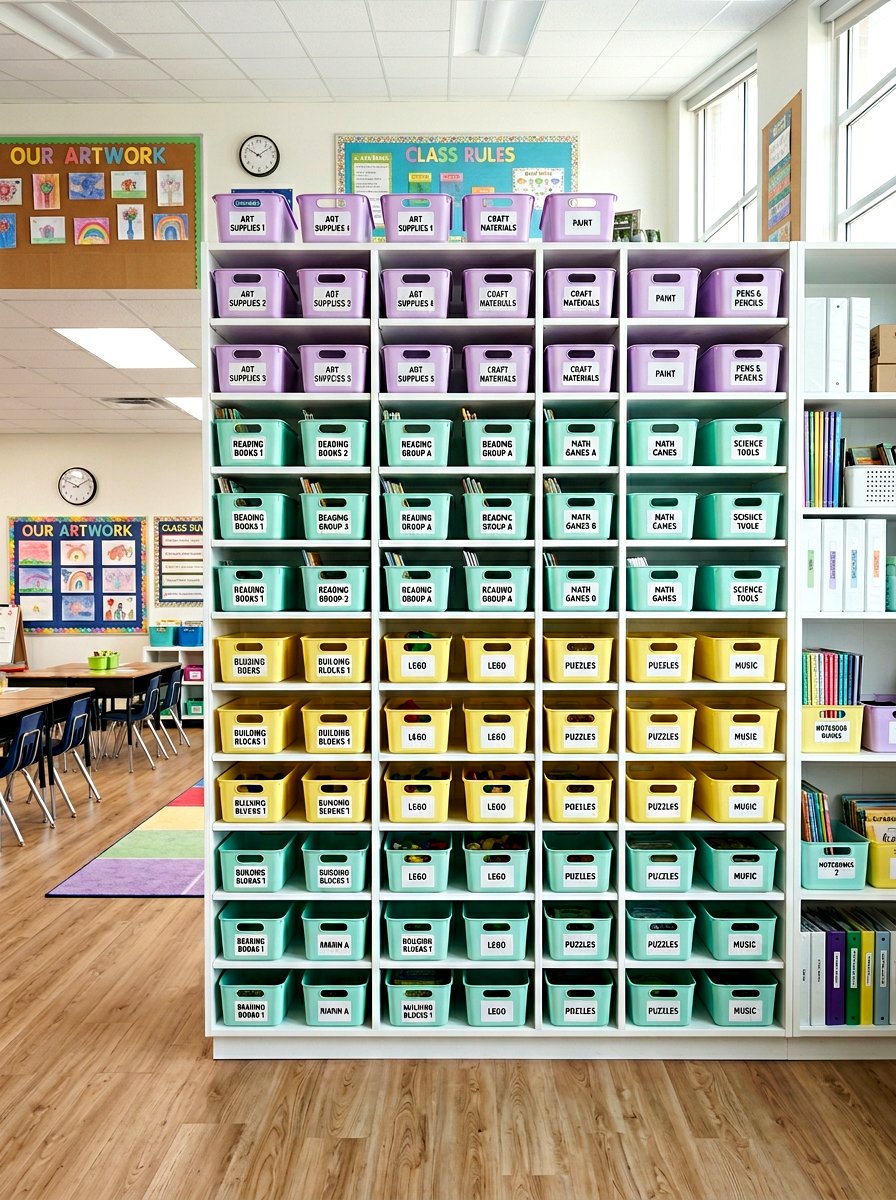 Pastel Classroom Bins - 25 Spring Classroom Decor Ideas
