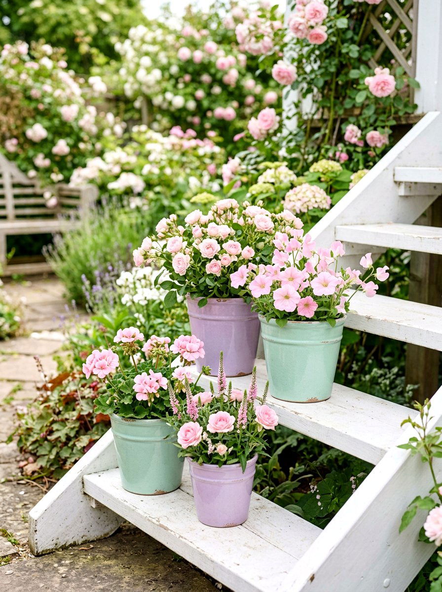 Pastel Colored Flower Pots - 25 Spring Outdoor Staircase Decor Ideas