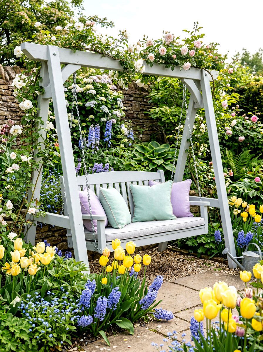 Pastel Cushion Garden Swing - 25 Spring Garden Swing Decor Ideas