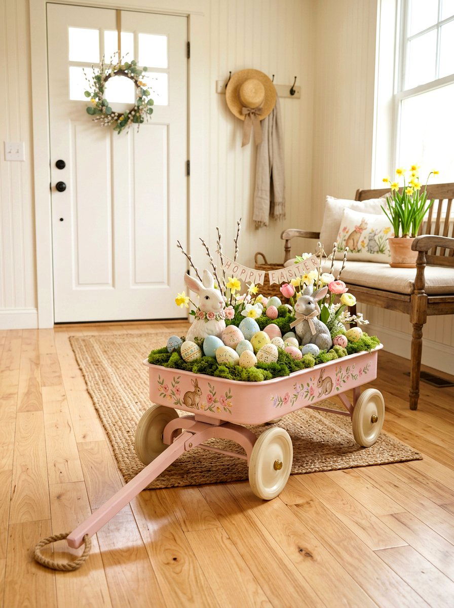 Pastel Easter Bunny Wagon - 25 Spring Wagon Decor Ideas