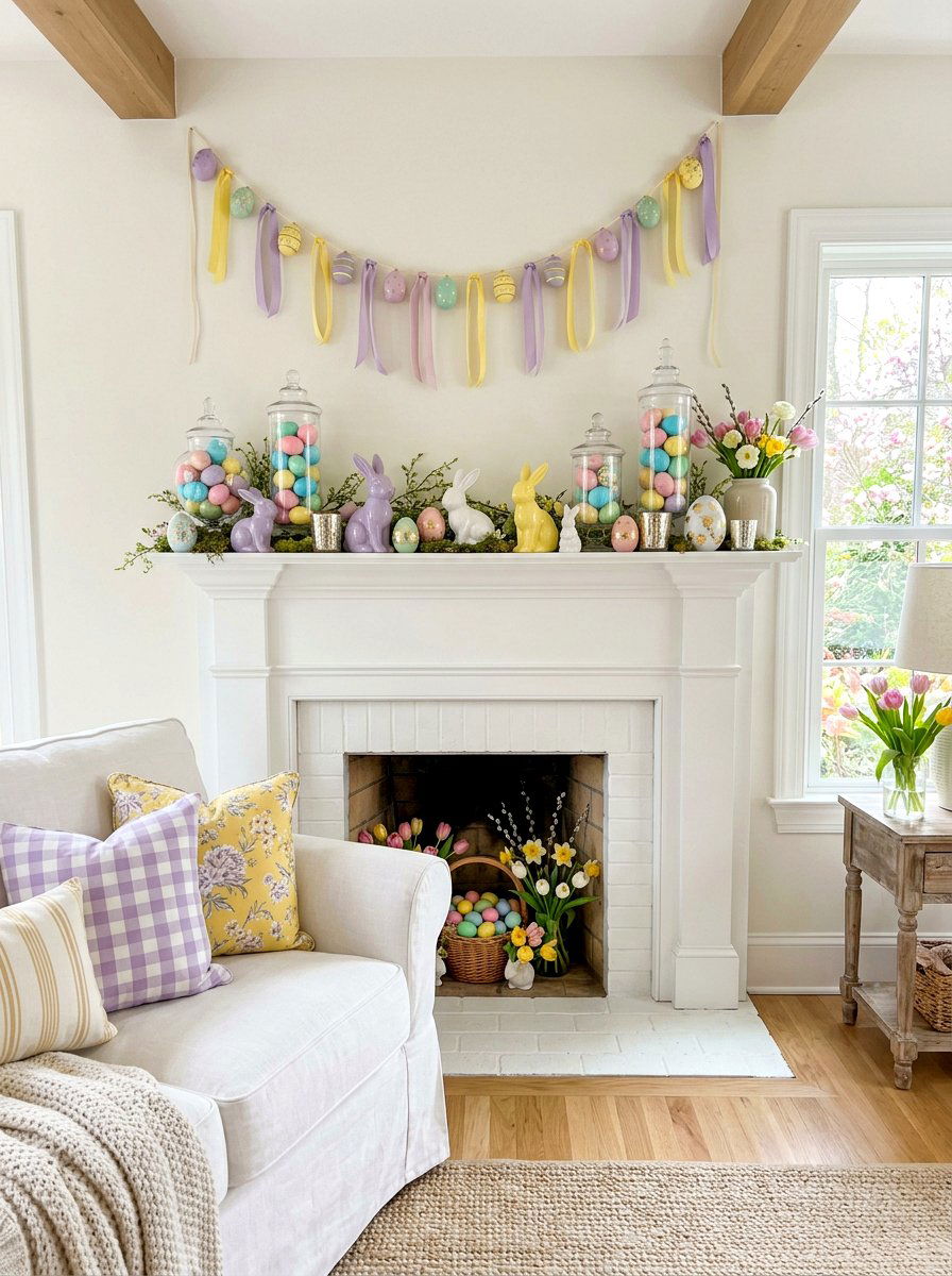 Pastel Easter Egg Mantel - 25 Spring Fireplace Mantel Ideas