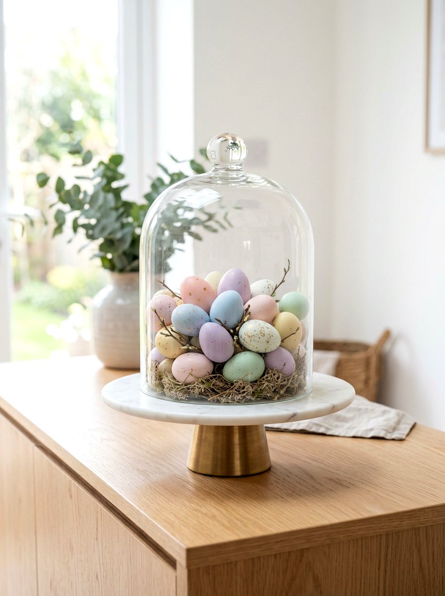 Pastel Eggs And Glass Cloche - 25 Spring Cake Stand Decor Ideas
