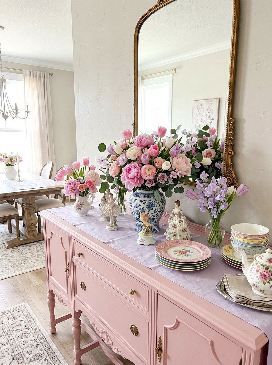 Pastel Floral Buffet - 25 Spring Buffet Decor Ideas