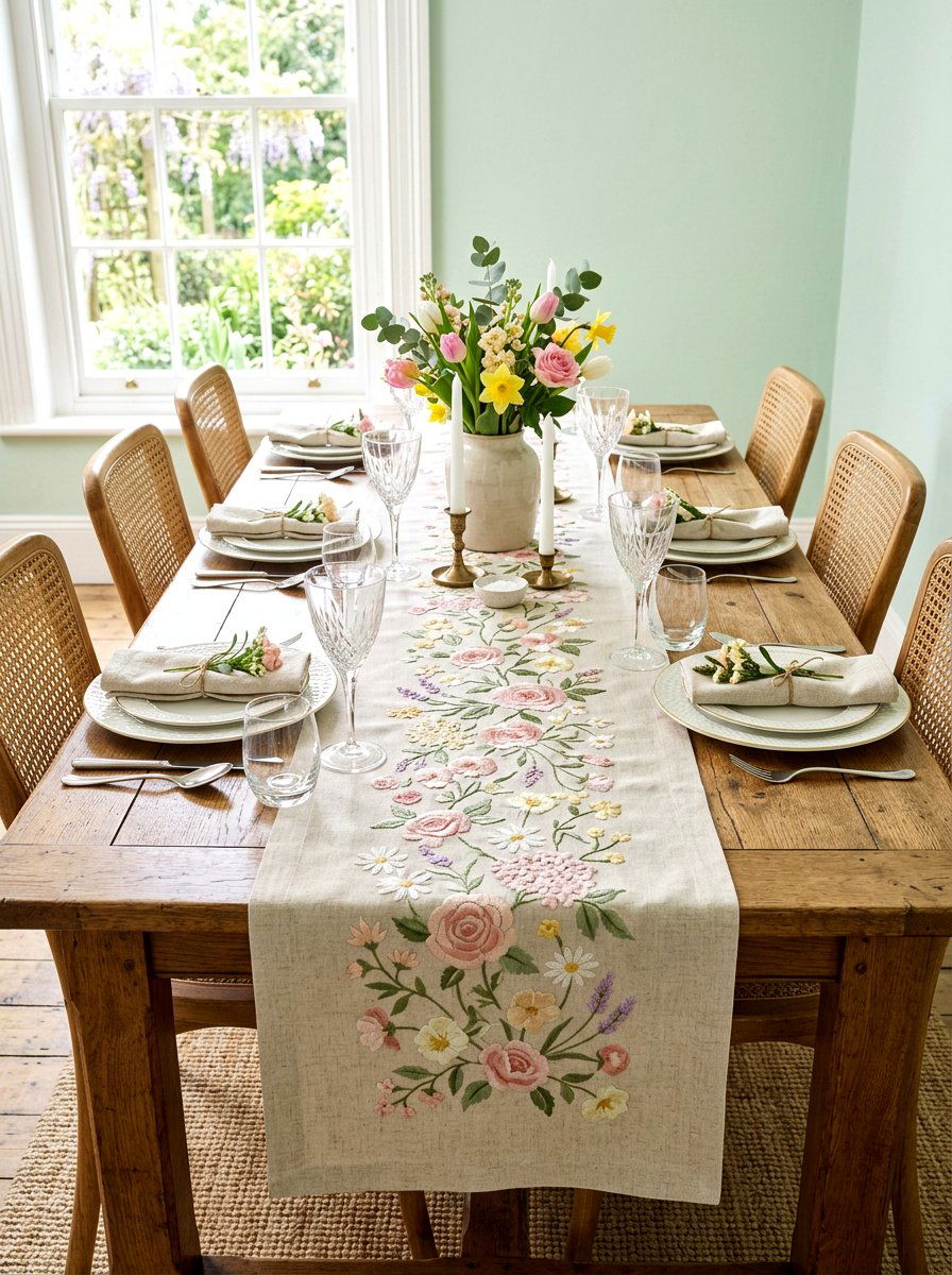 Pastel Floral Table Runner - 25 Spring Embroidered Decor Ideas