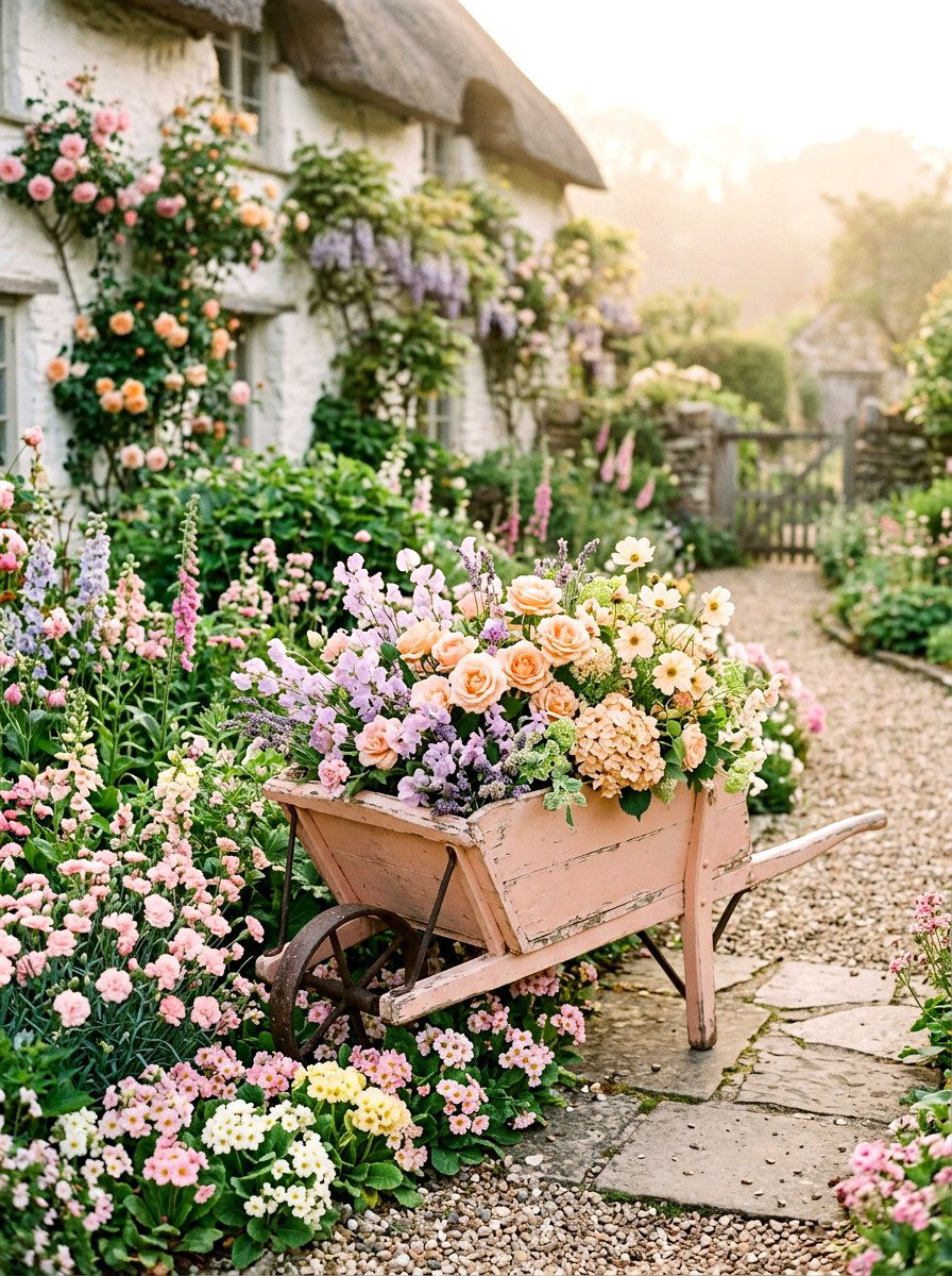 Pastel Flower Wheelbarrow - 25 Spring Wheelbarrow Decor Ideas