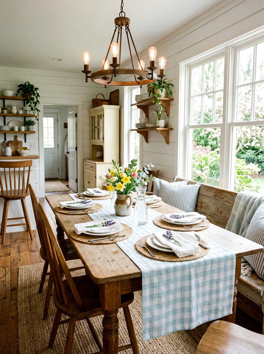 Pastel Gingham Runner - 25 Spring Kitchen Table Arrangement Ideas