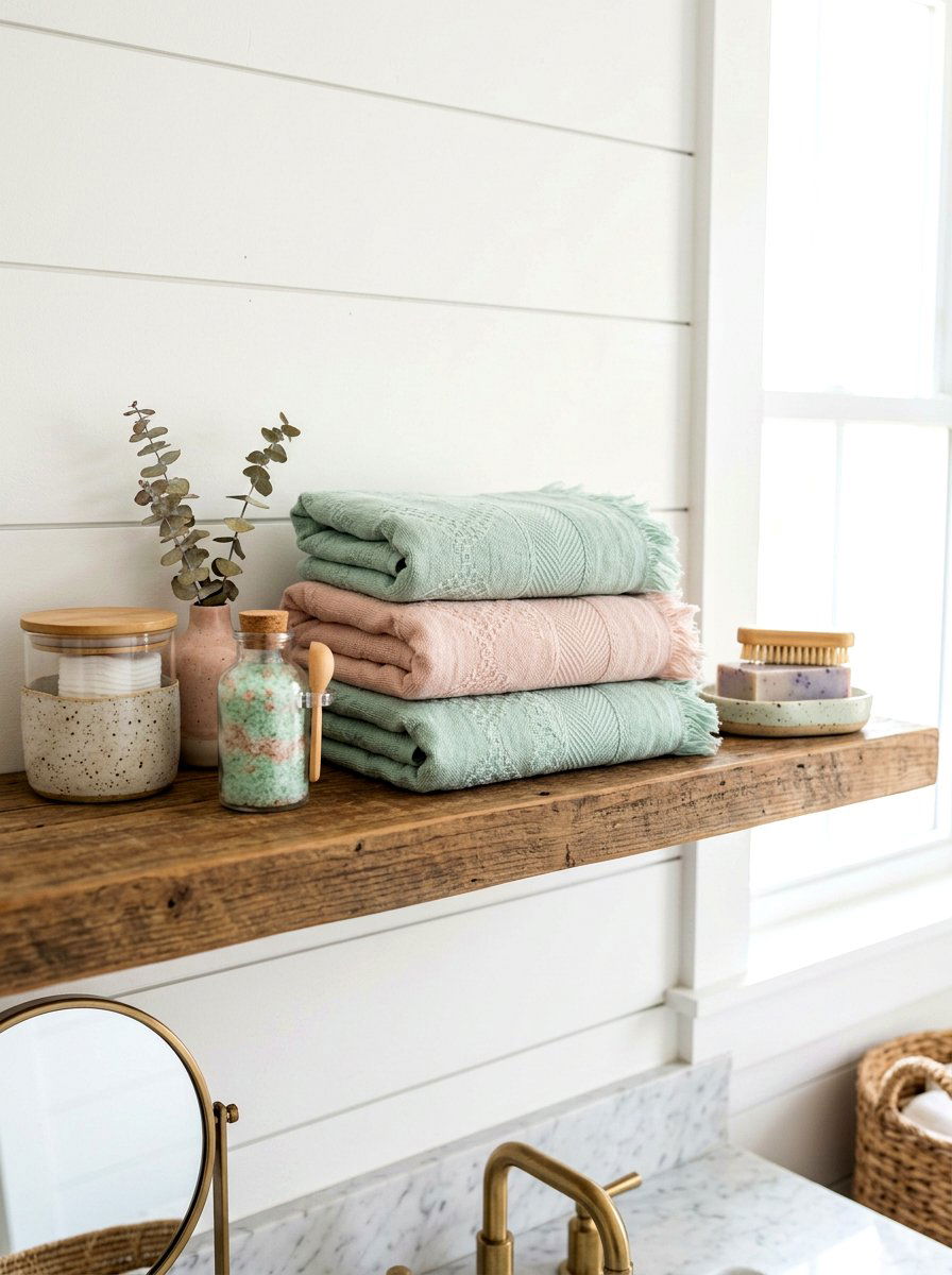 Pastel Hand Towel Stack - 25 Spring Bathroom Shelf Decor Ideas