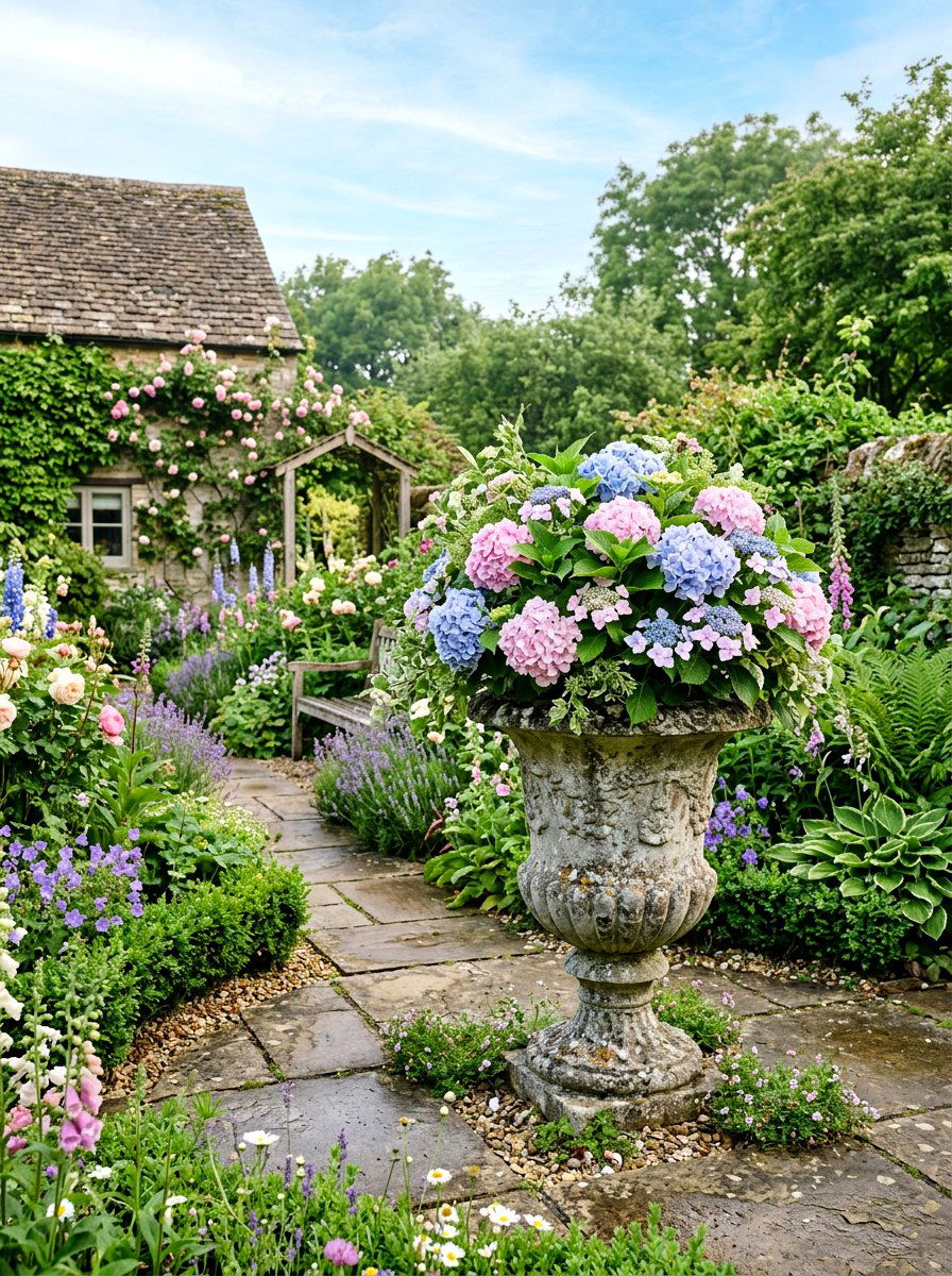 Pastel Hydrangeas In Stone Urn - 25 Spring Urn Planter Ideas