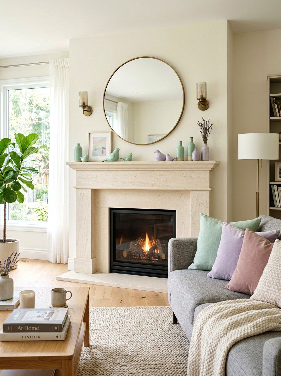 Pastel Living Room Mantels - 25 Spring Stone Fireplace Decor Ideas