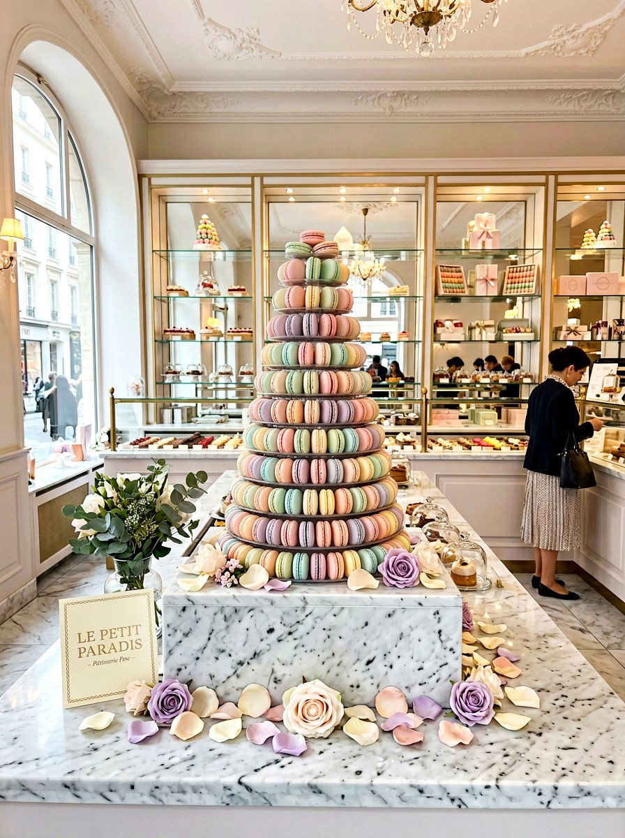 Pastel Macaroon Tower Presentation - 25 Spring Bakery Decor Ideas