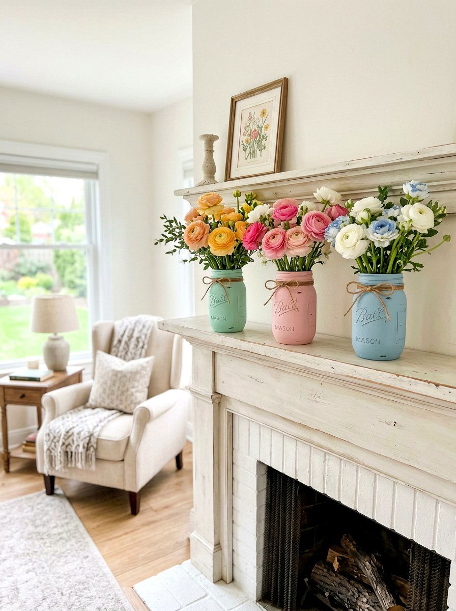 Pastel Mason Jar For Spring Mantel - 25 Spring Mason Jar Flower Ideas