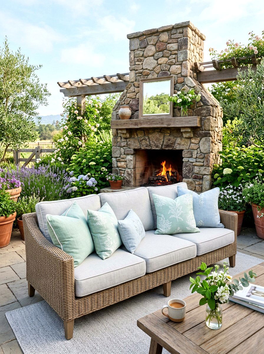 Pastel Outdoor Cushion Seating - 25 Spring Outdoor Fireplace Decor Ideas