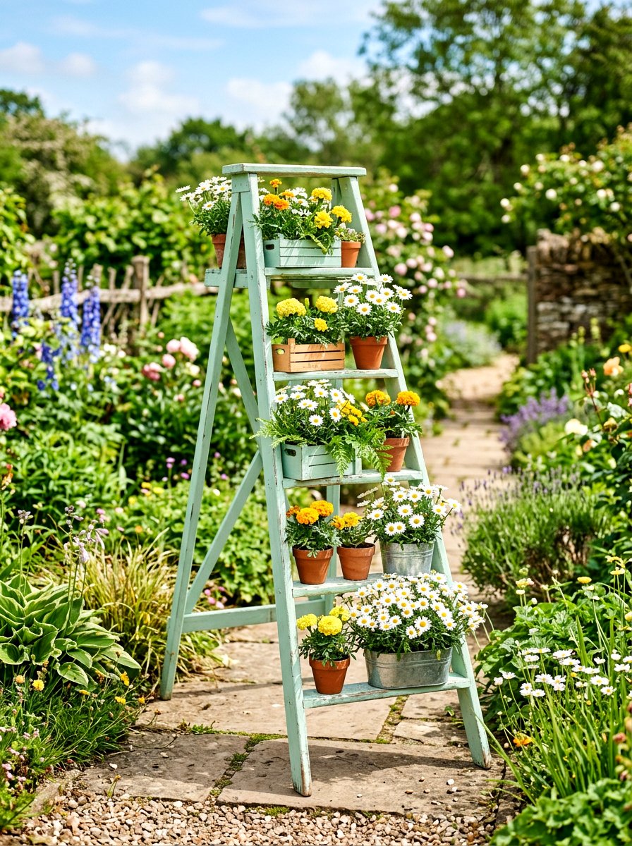 25 Rustic Spring Garden Ladder Display Ideas for New Flowers