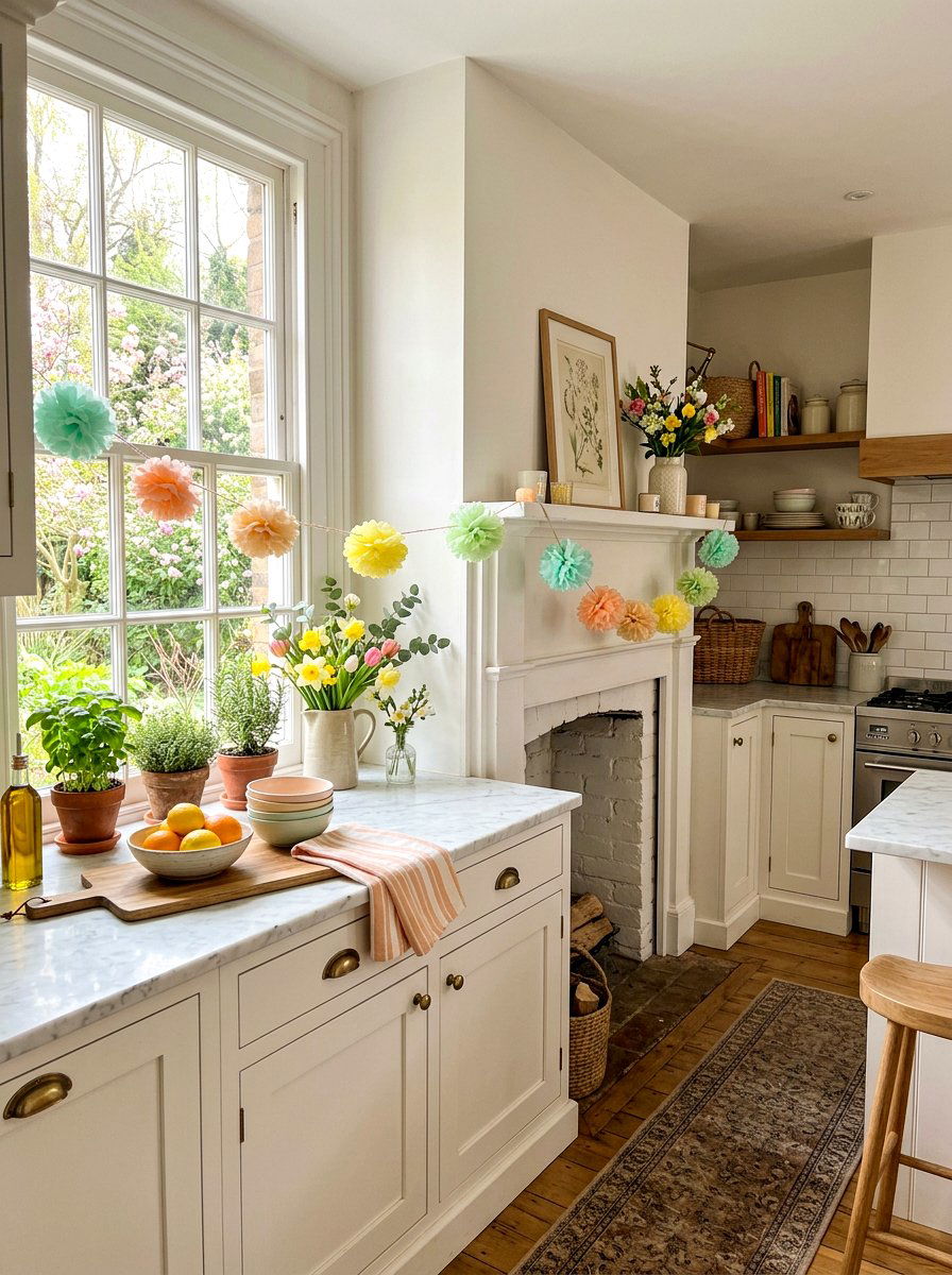 Pastel Paper Pom Pom Garland - 25 Spring Tissue Paper Decor Ideas