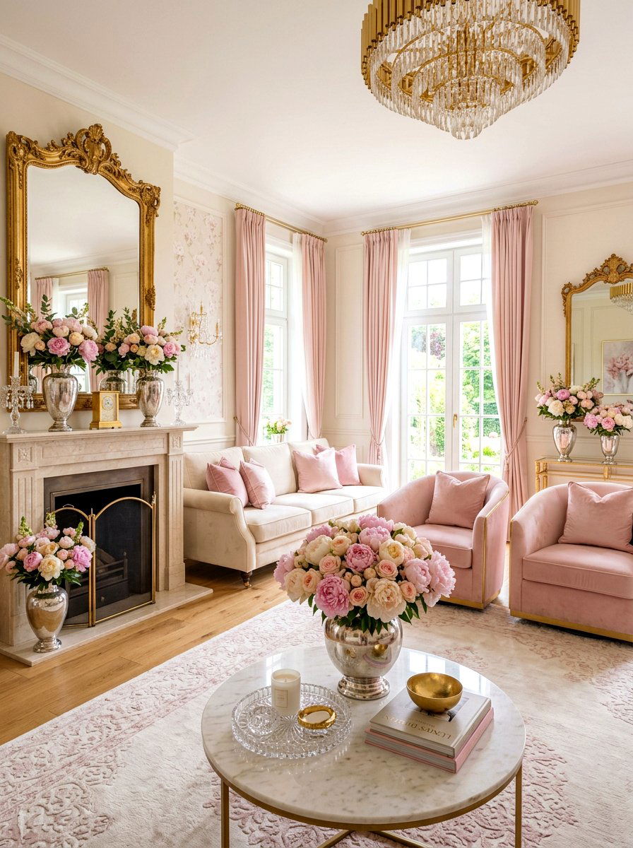 Pastel Peony Living Room - 25 Spring Mantel Floral Ideas