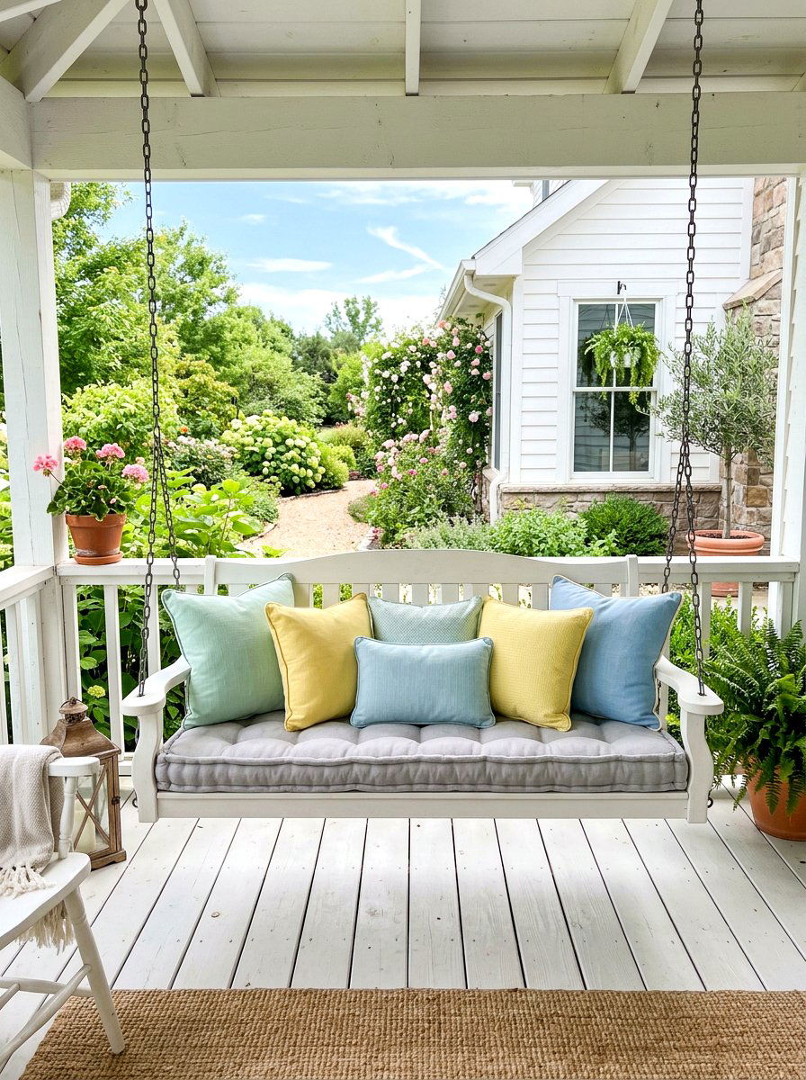 Pastel Pillow Swing - 25 Spring Porch Swing Decor Ideas