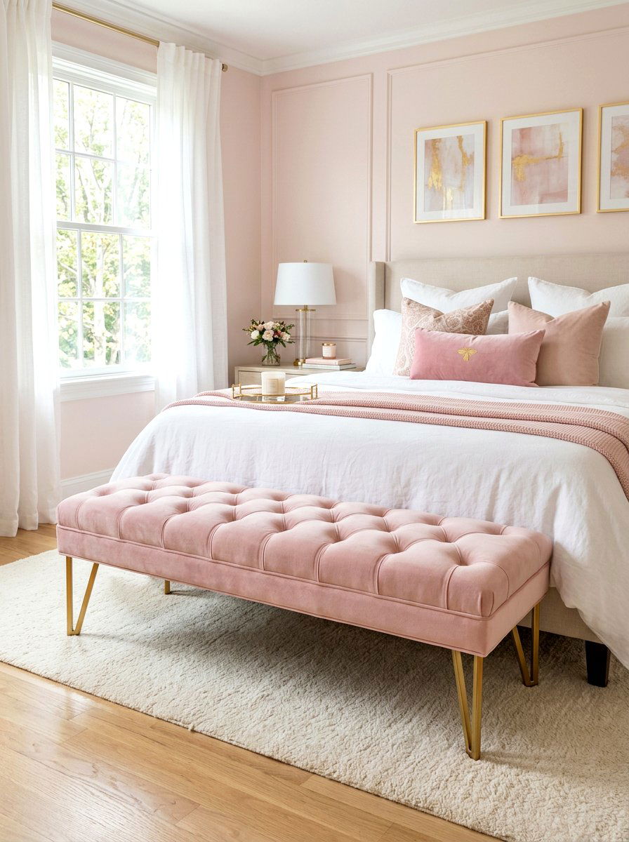 Pastel Pink Tufted Bench - 25 Spring Bedroom Bench Ideas