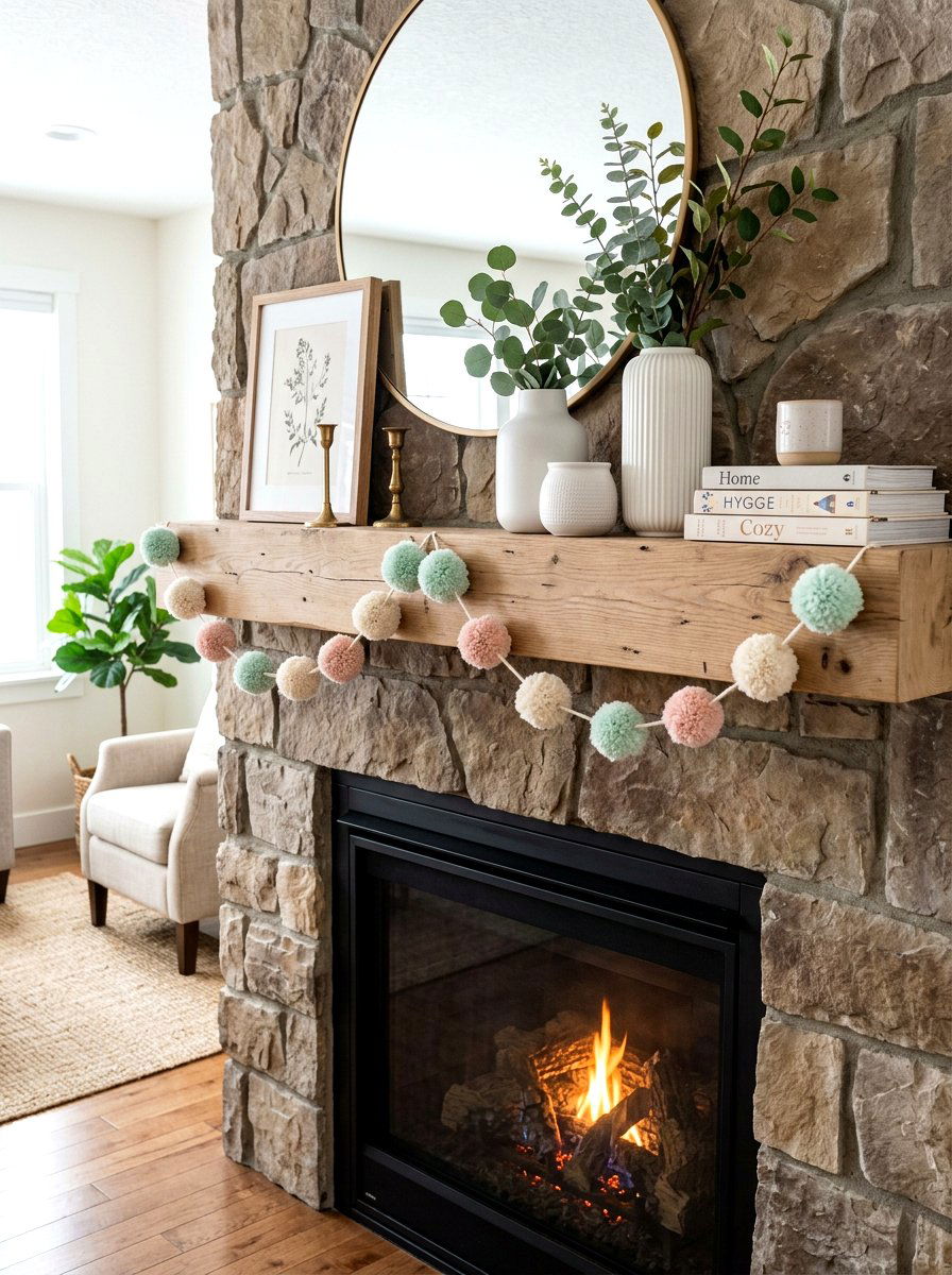 Pastel Pom Pom Garland Mantel - 25 Spring Pom Pom Garland Ideas