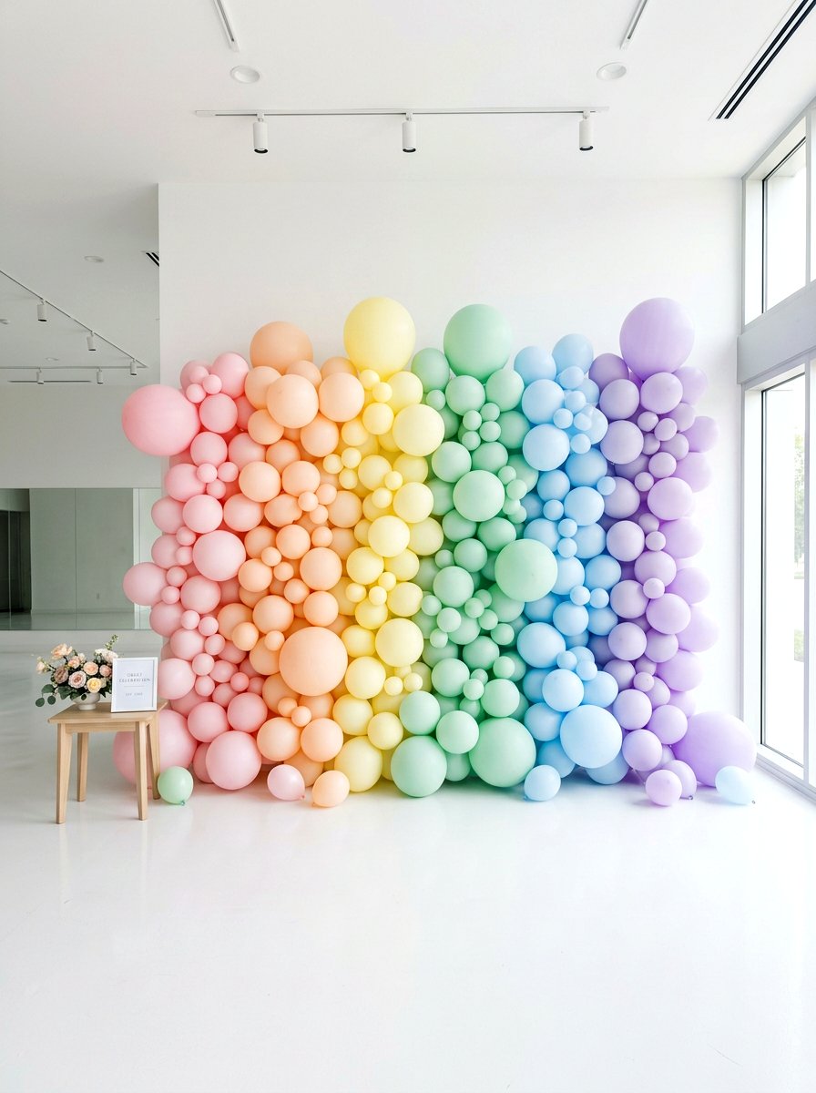 Pastel Rainbow Balloon Wall - 25 Spring Baby Shower Decor Ideas