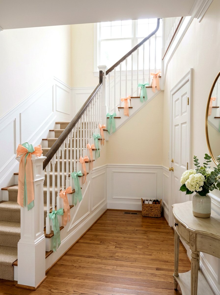 Pastel Ribbon Bows - 25 Spring Stair Railing Decor Ideas